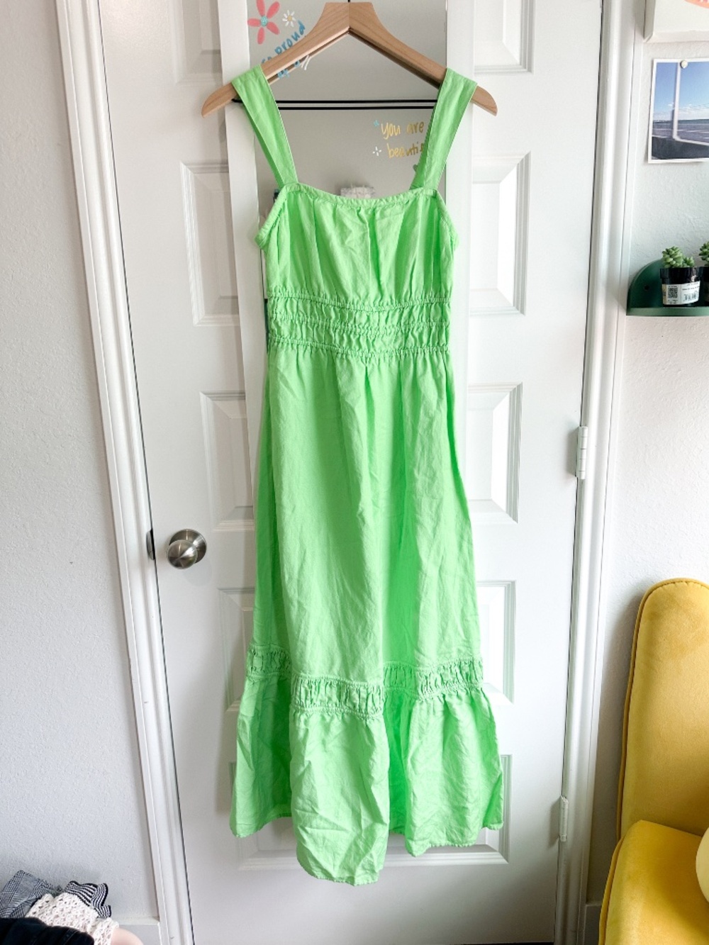 LOFT Bright Green Smocked Waist Maxi Dress XS